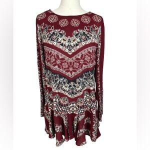 Free People Maroon and Black Patterned Open Back Dress Size S